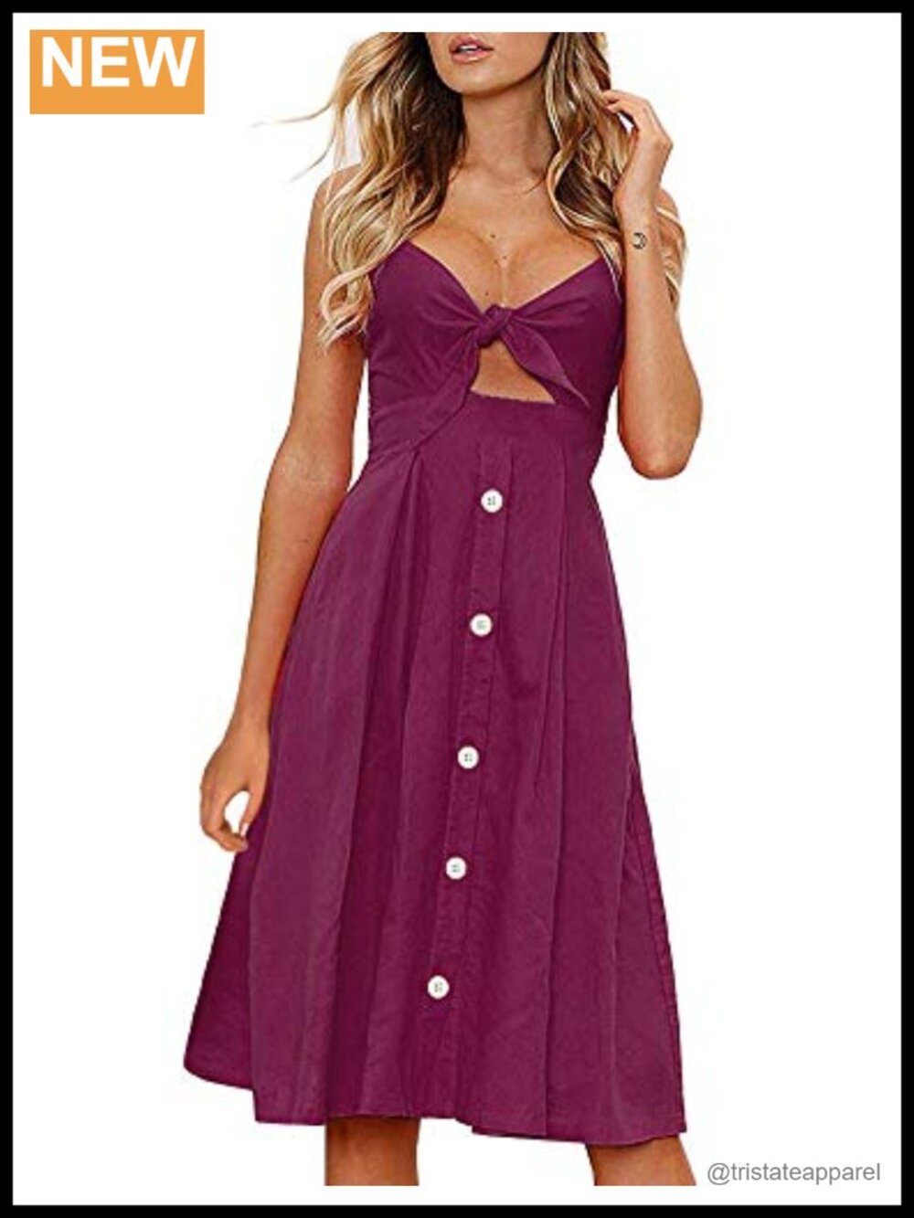 FANCYINN Tie Front Button Down A-Line Midi Dress Spaghetti Strap